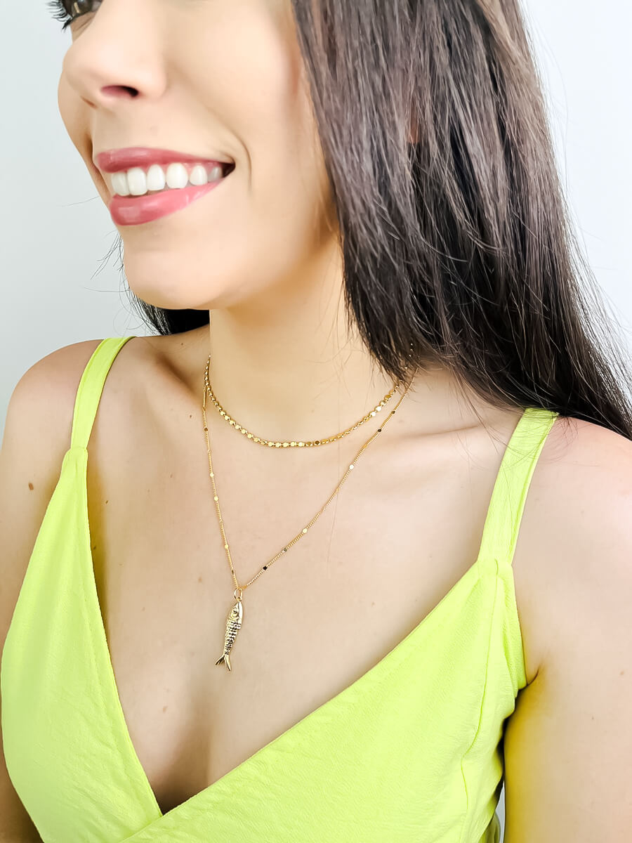 Colar Peixe Banho Ouro 18K/ Ródio Branco