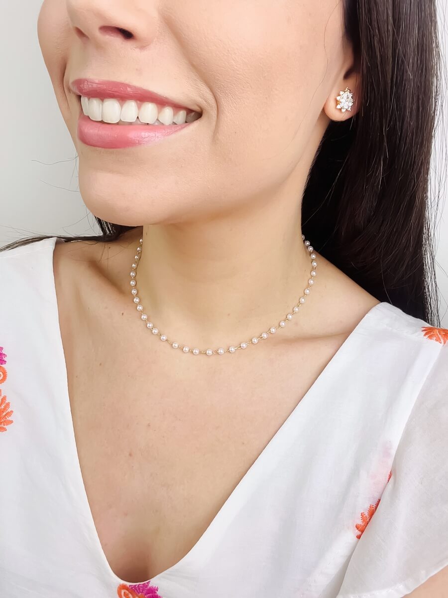 Colar Choker Pérola Banho Ouro 18K