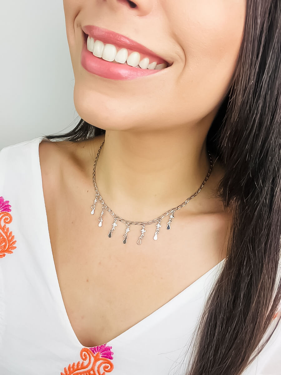 Colar Choker Peixinho Gotinha Banho Ouro 18K/Ródio