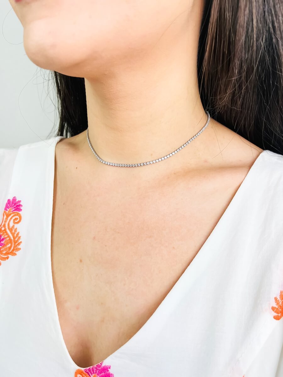 Colar Choker Riviera 4 Garras Zircônia 2mm Banho Ródio