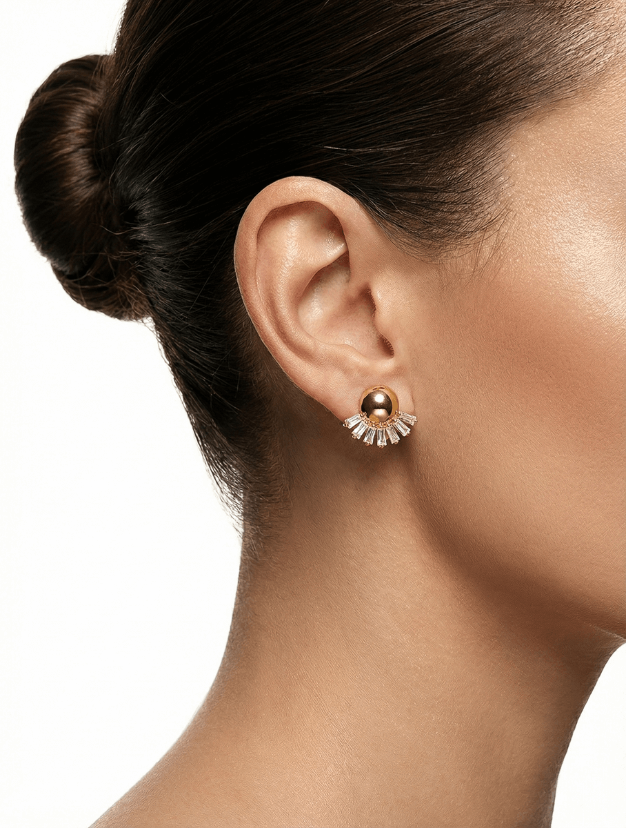 Brinco Esfera Zircônia Baguete Banho 18K/ Ródio Branco