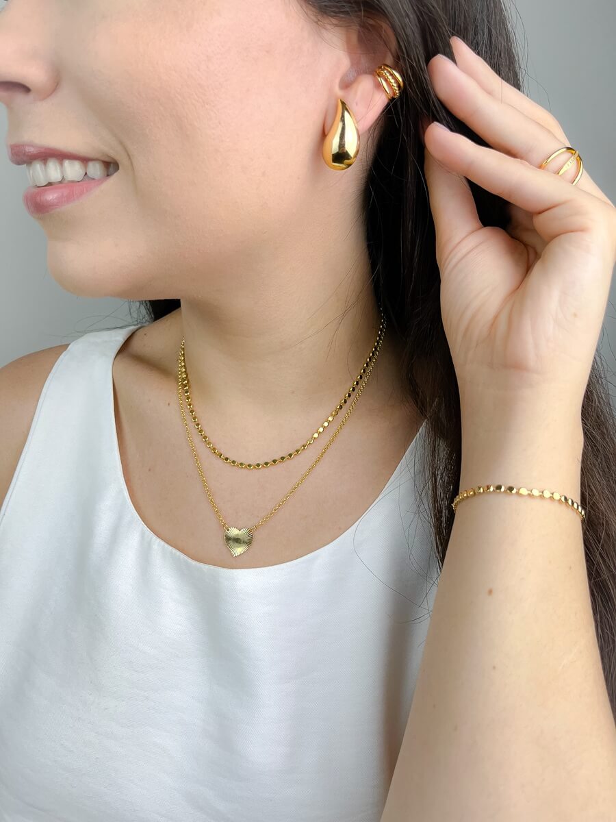 Kit Pulseira e Colar Bolinha Achatada Banho Ouro 18K/ Ródio Branco