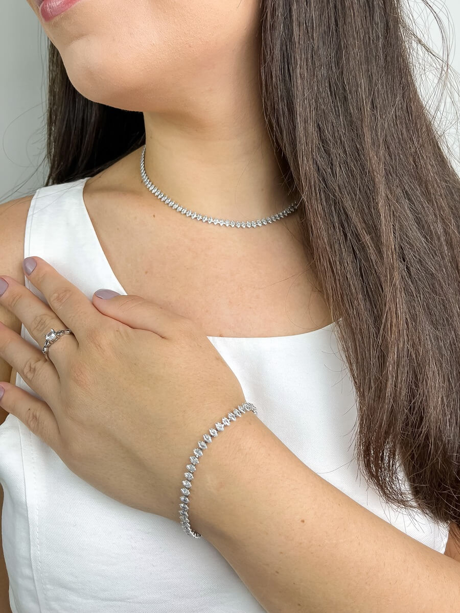 Kit Pulseira e Colar Riviera Navete Zircônia Banho Ródio Branco