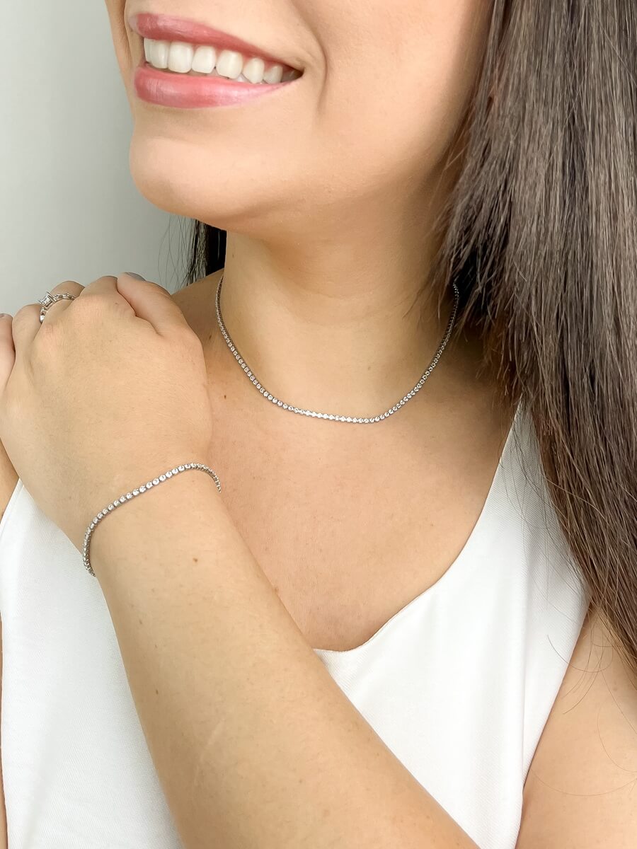 Kit Pulseira e Colar Riviera Zircônia 2mm Banho Ródio Branco