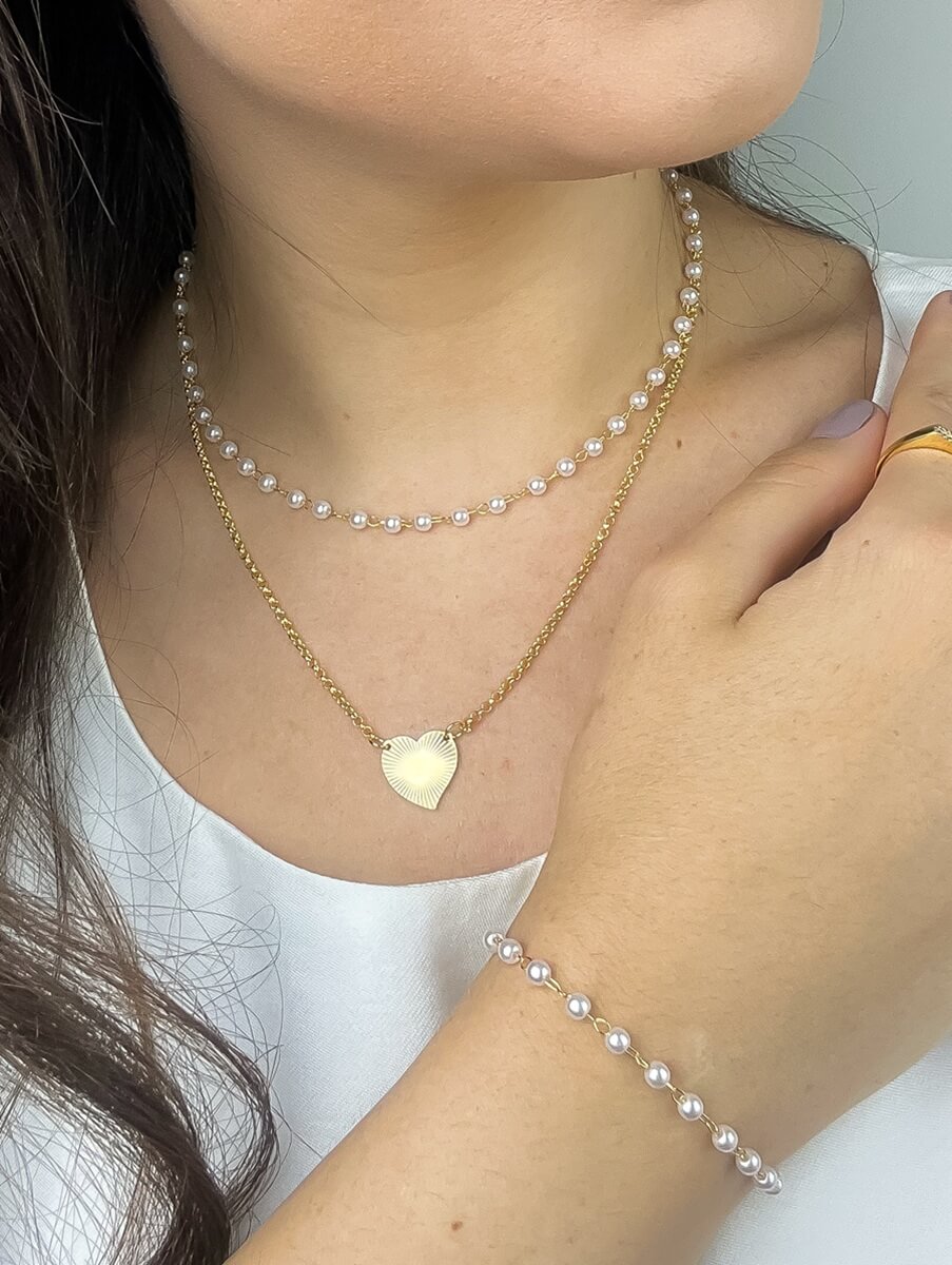 Kit Pulseira e Colar Pérola Banho Ouro 18K